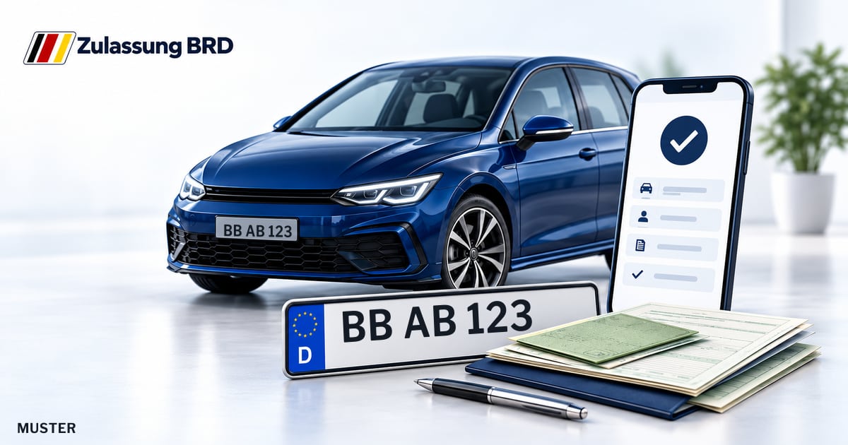 Online Fahrzeugzulassung in Herrenberg: Musterkennzeichen BB AB 123, Auto und Fahrzeugpapiere und Smartphone. Illustration mit Logo von Zulassung BRD.
